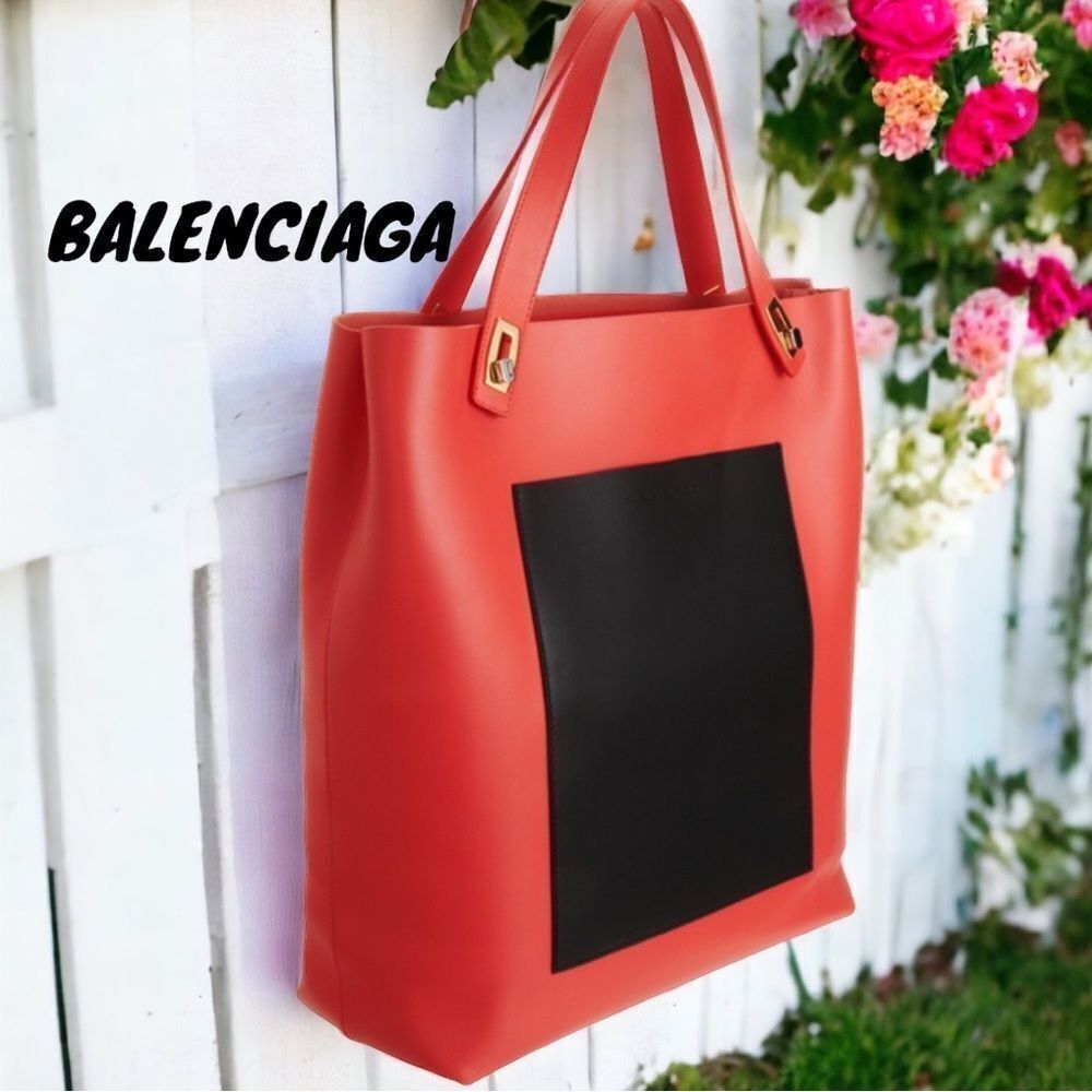 AUTHENTIC BALENCIAGA CALFSKIN LEATHER LARGE TOTE SHOULDER HANDBAG CORAL/BLACK